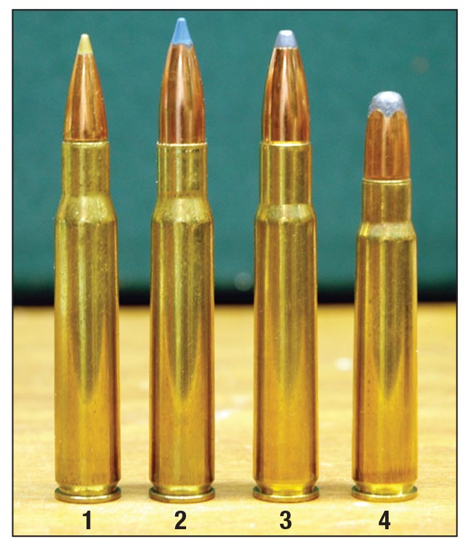 Bullet diameter for the 8mm-06 is precisely midway between the .30-06 and the .338-06. Shown for comparison is the (1) .30-06, (2) 8mm-06, (3) .338-06 and the (4) 8x57mm Mauser.